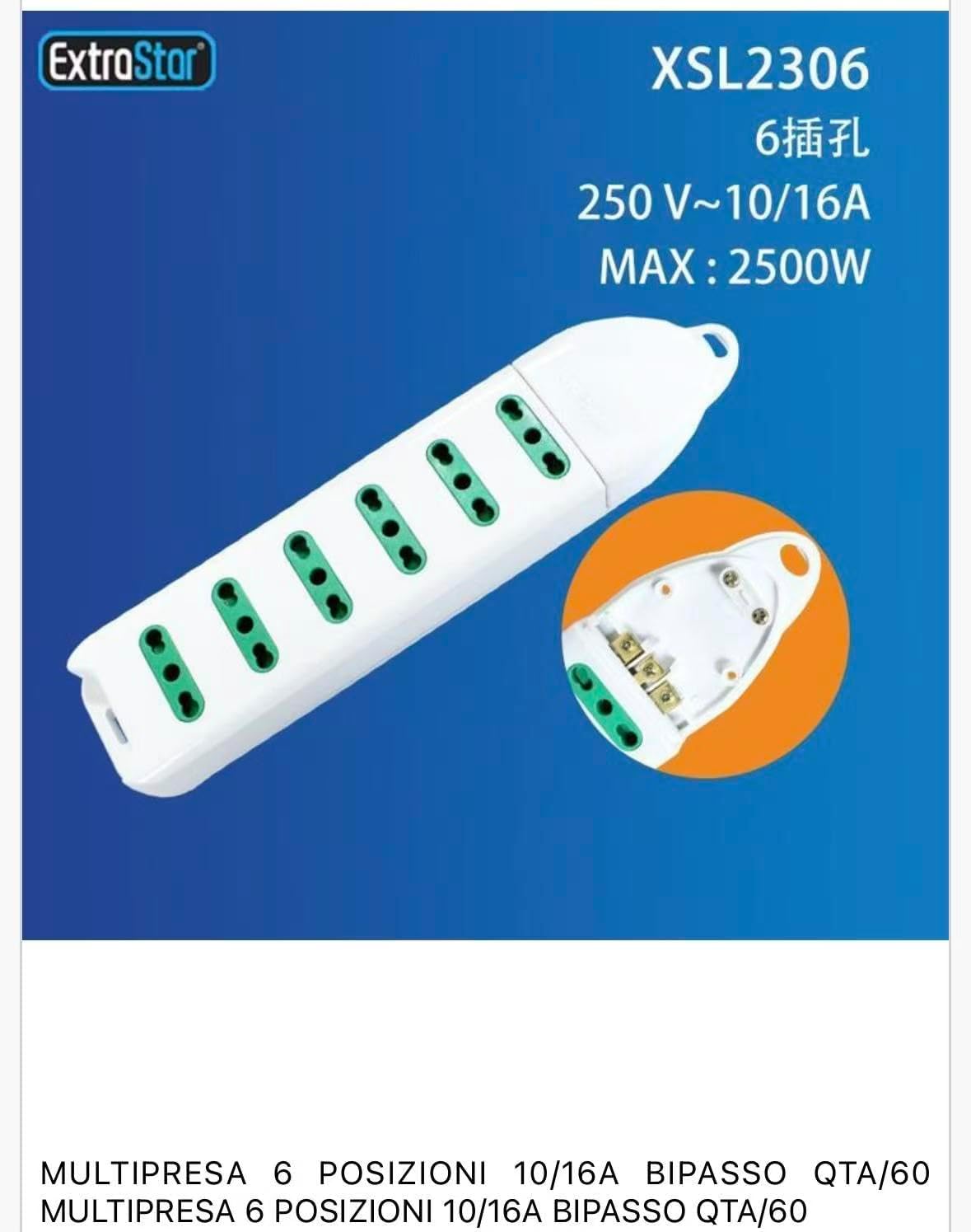 2 Pezzi Multipresa Italiana 6 Prese Bipasso 10/16A, Presa Multipla Compatta Senza Cavo, 2500W, Bianca– C-XSL2306