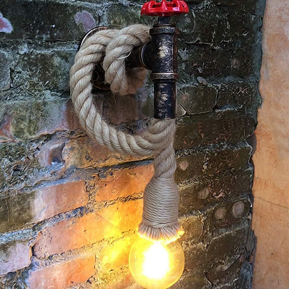 Applique da parete lampada a muro in corda di canapa e ferro con portalampada E27 a forma di rubinetto E29