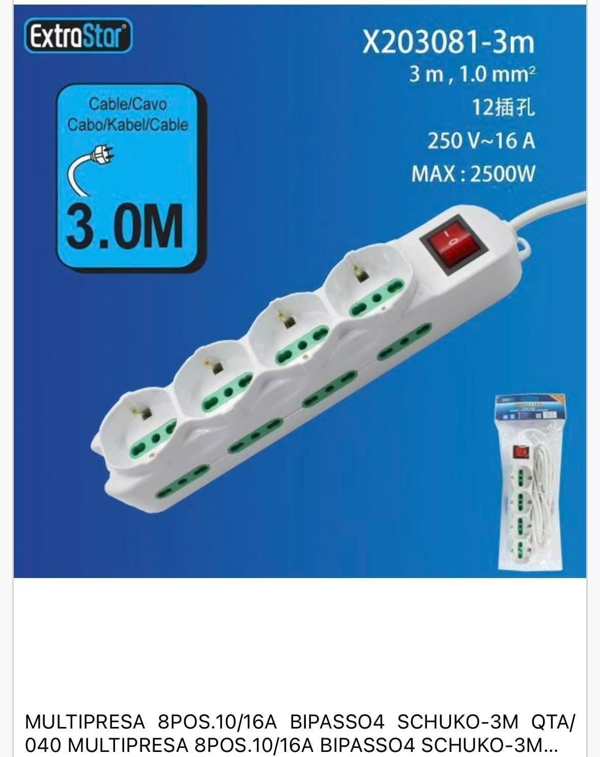 2 Pezzi Multipresa Italiana con Interruttore, 4 Prese Schuko con 8 Ingressi Bipasso, Cavo 3 Metri, 10/16A, Max 2500W, Spina Tipo L 16A, Bianca– C-X203081-3M