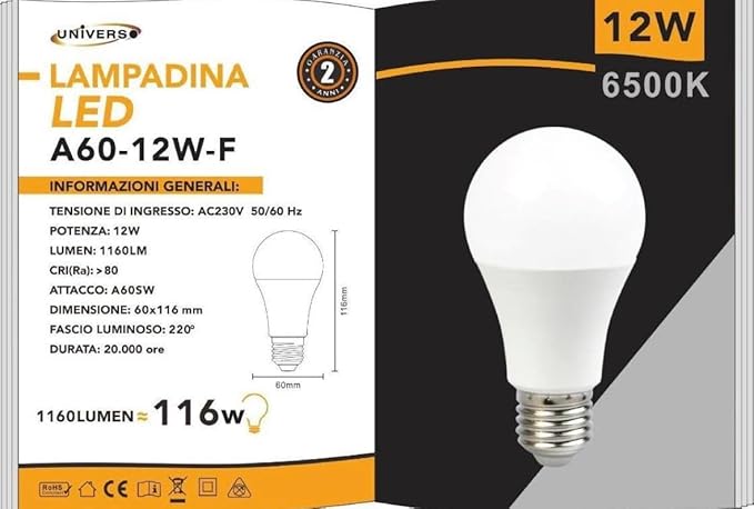 Lampadina LED E27 A60 12W, 1160LM, 230V, Angolo 220°, Non Dimmerabile – Luce Calda 3000K / Naturale 4000K / Fredda 6500K – Confezione da 6 Pezzi – A60-12W (