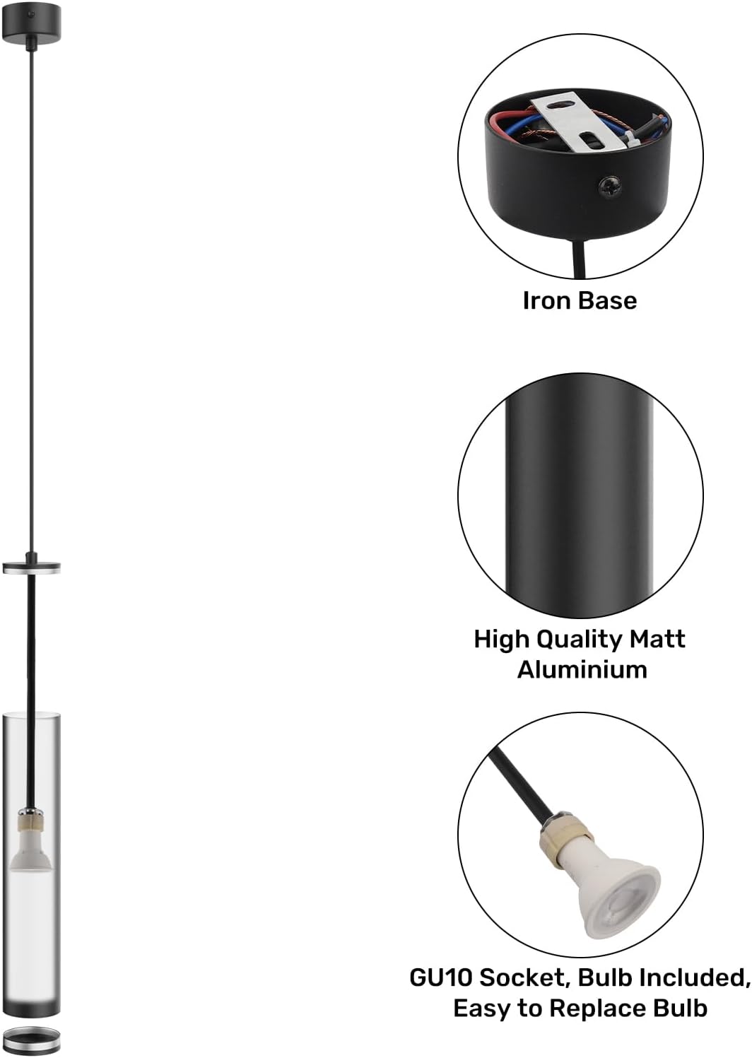 Lampada a Sospensione Cilindro Moderne GU10, Lampadario a Sospensione Alluminio per Soggiorno Camera da Letto Cucina Comodino, portata max 35W, misura 30cm, Bianco/NERO SP-01