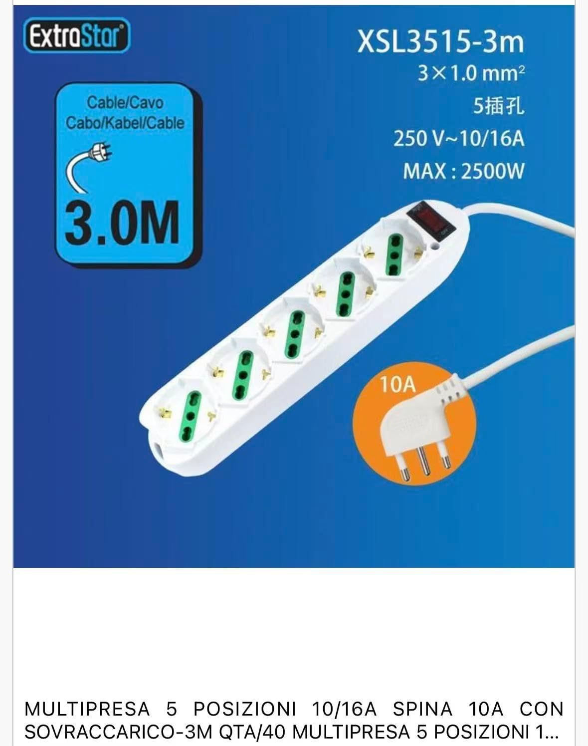 2 Pezzi Multipresa Italiana con Interruttore e Protezione da Sovraccarico, 5 Prese Bipasso 10/16A, Spina 10A Tipo L, Cavo 3 Metri, Bianca – C-XSL3515-3M