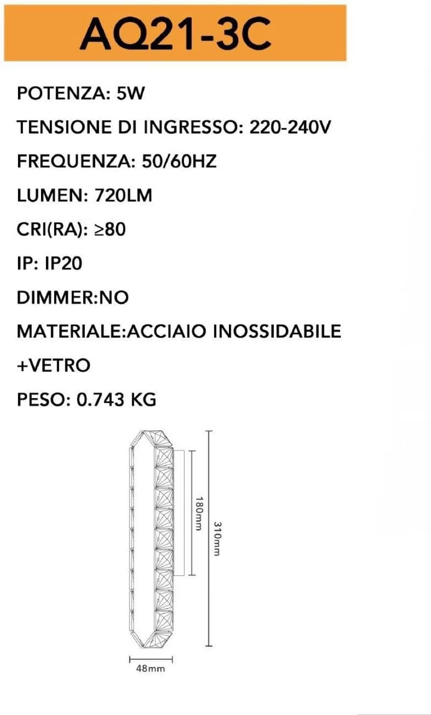 Applique da Muro LED Cristallo 5W, 3000K-6500K CCT, Moderno Lampada da Parete Interno, Acciaio Inossidabile + Vetro, per Camera da Letto, Corridoio, Soggiorno AQ21-3C