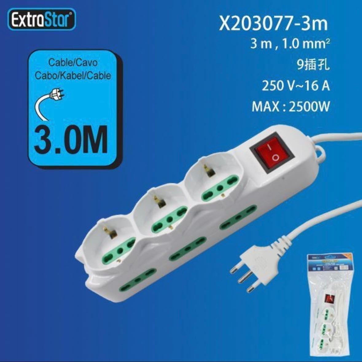 2 Pezzi Multipresa Italiana con Interruttore, 3 Prese Schuko con 6 Ingressi Bipasso 10/16A, Cavo 3 m, Spina Tipo L 16A, Max 2500W, Bianca– C-X203077-3M