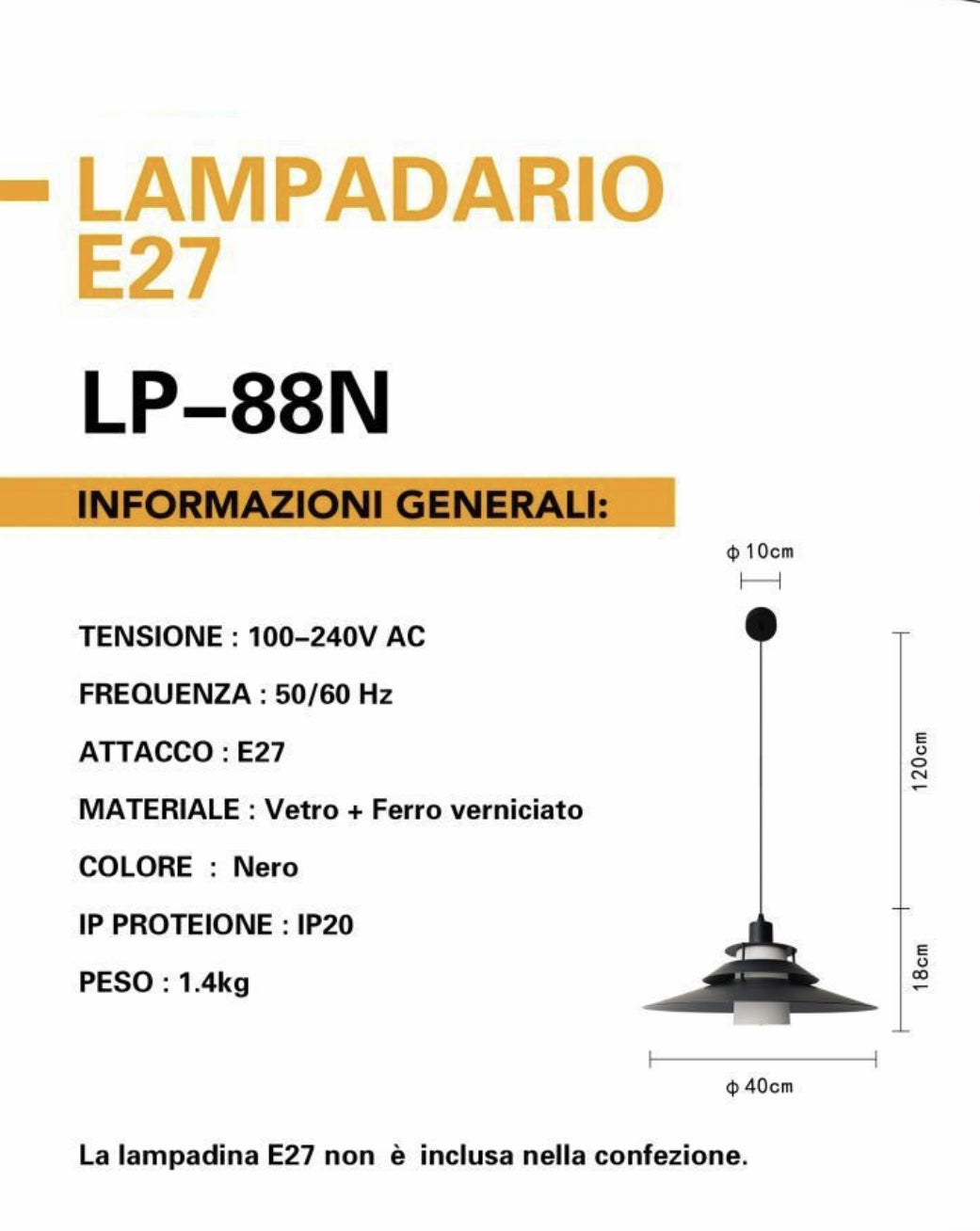Lampadario a Sospensione E27, Design Moderno in Vetro e Ferro, Attacco E27, Altezza Regolabile 120cm, per Sala da Pranzo, Cucina, Soggiorno, LP-88
