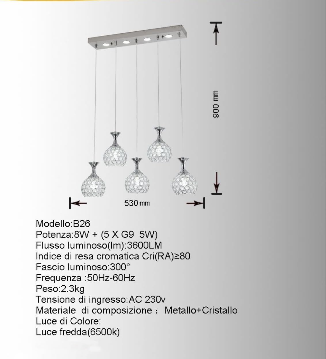 Lampadario led da soffitto a sospensione 35 watt luce fredda 6500k portalampada G9 con sfere con cristalli gocce in acrilico lampada plafoniera sospesa oro o argento B26