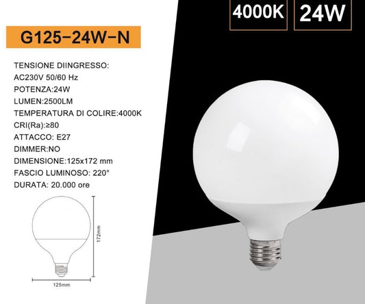 Lampadine LED E27 G125 24W, Confezione da 6 Pezzi, 2500LM, Globo Grande Ø125 mm, Naturale 4000K, CRI>80, Angolo 220°, Risparmio Energetico, Modello G125-24W