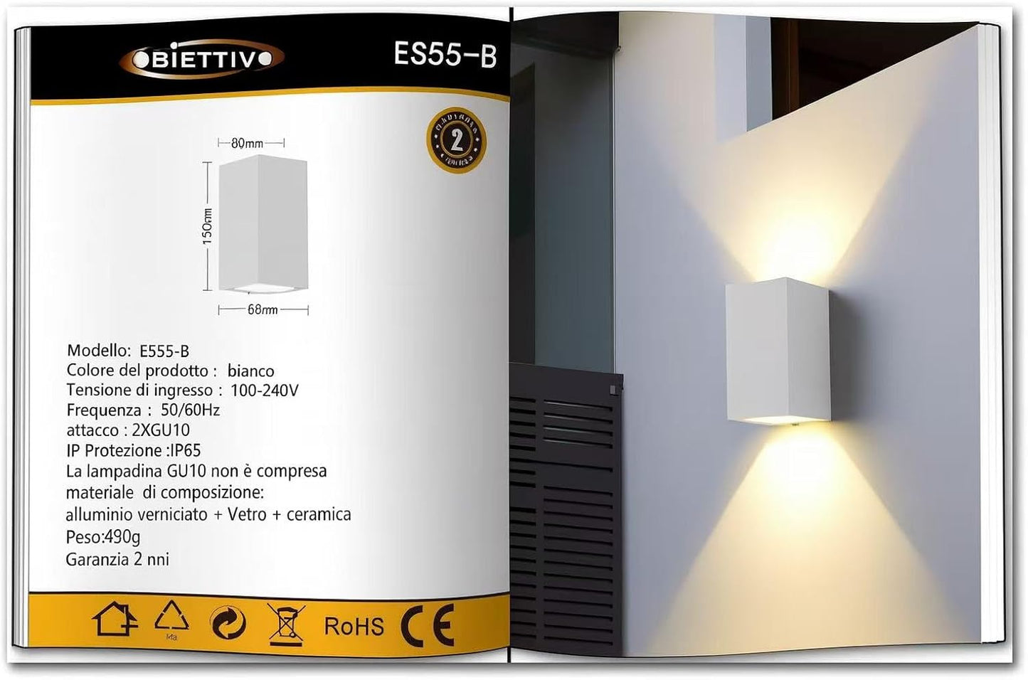 Applique da Esterno 2xGU10 IP65 – Lampada da Parete Impermeabile in Alluminio Verniciato, Luce su e giù, Design Moderno, Senza Lampadina ES55