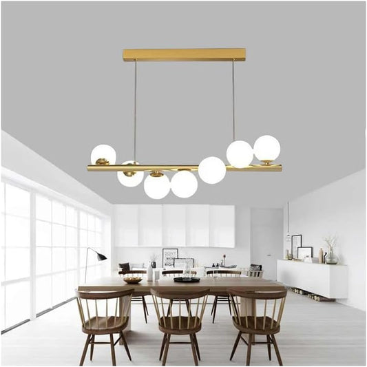 Lampadario Moderno a Sospensione 7 Luci G9, Design in Vetro Bianco e Ottone, Altezza Regolabile, per Soggiorno Cucina Sala da Pranzo Camera da Letto – Senza Lampadine A06