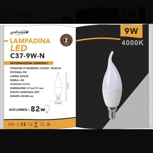 Lampadine LED E14 C37 9W, Set da 6 Pezzi, Luce a Candela, Risparmio Energetico, CRI>80, 230V – Modello C37-9W