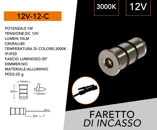 5 Pezzi Mini Faretto LED da Incasso 12V DC, 0,1W, IP20, Ø12 mm, Cavo da 2 m, Luce Segnapasso per Mobili, Vetrine, Scale, Camper e Illuminazione Decorativa, Modello 12V-12