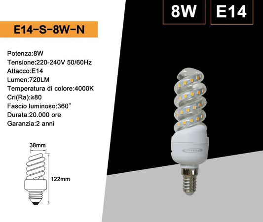 Lampadine LED E14 8W, Confezione da 10 Pezzi, 720LM, 3000K/4000K/6500K, Lampadina LED a Spirale, Luce Calda/Naturale/Fredda, CRI>80, Illuminazione 360°, Risparmio Energetico, Modello E14-S-8W