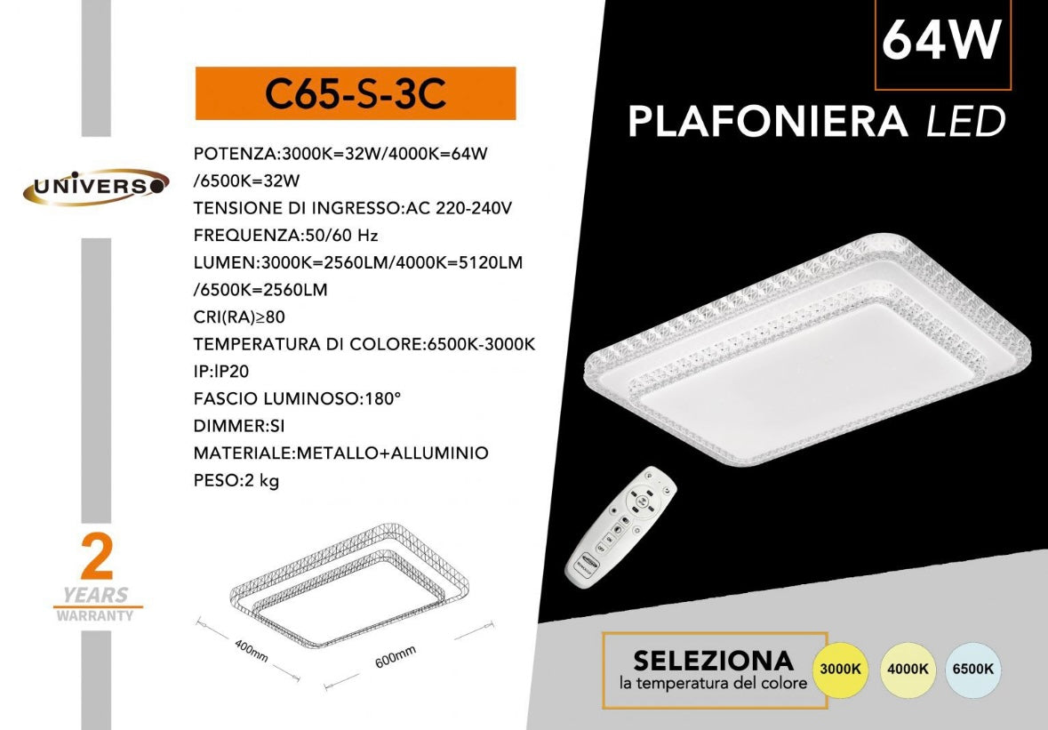 Plafoniera LED 64W con Telecomando, Lampada da Soffitto Dimmerabile CCT 3000K-4000K-6500K, Moderna in Metallo e Alluminio per Soggiorno Camera Cucina – C65-S-3C