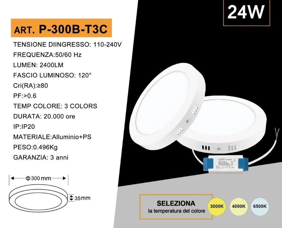 Pannello LED Rotondo da Soffitto 24W 2400LM, 3 Temperature Colore Selezionabili 3000K 4000K 6500K, Plafoniera LED Ø300mm, Altezza 35mm, Fascio 120°, CRI≥80, IP20, 1 Pezzo, P-300B-T3C