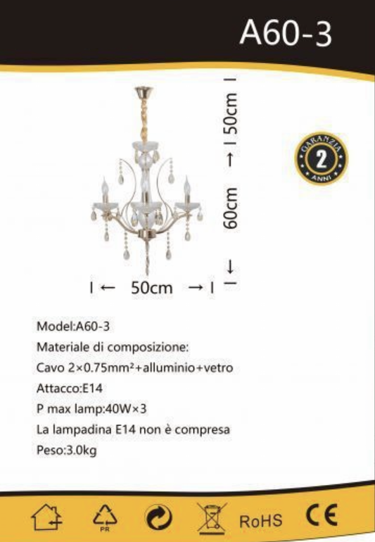 TEKHOME Lampadario Sospeso a 3 Luci con Design a Triangolo e Paralumi in Vetro, Struttura Geometrica Moderna in Oro, Attacco E14 40W, per Soggiorno Cucina Camera, 50x60cm, Oro (Senza Lampadine) A60-3