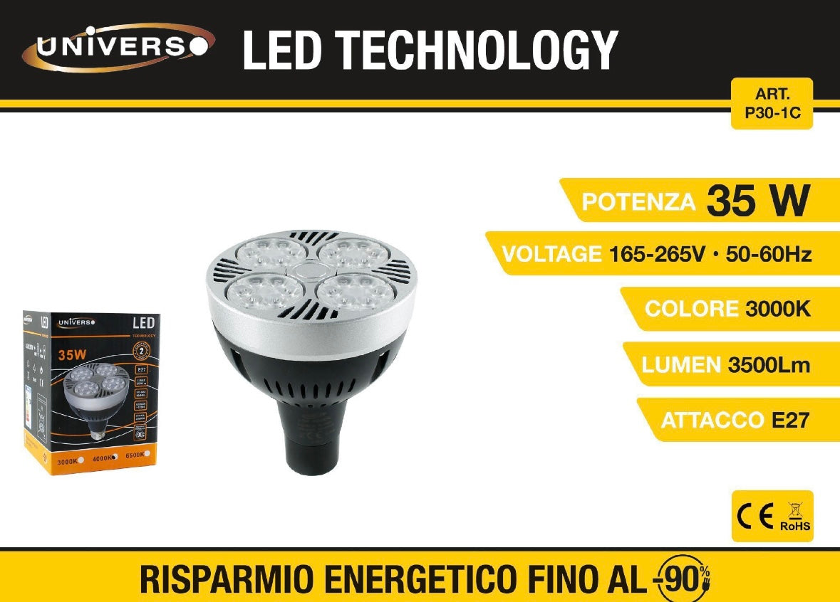 Lampadina LED E27 35W 3500LM, Lampada LED ad Alta Luminosità, Attacco E27, 3000K Luce Calda, 165-265V, Risparmio Energetico, 1 Pezzo, P30-1C