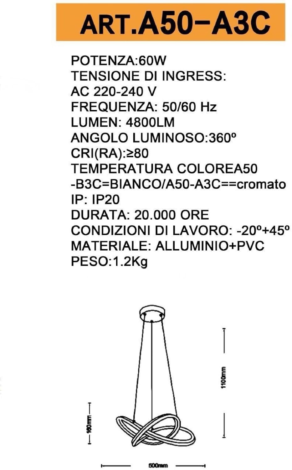 TEKHOME LAMPADARIO LED A SOSPENSIONE MODERNO INTRECCIATO CON FINITURA CROMATA 60W 3000K - 4000K - 6500K A50 (ARGENTO 3 COLORE)