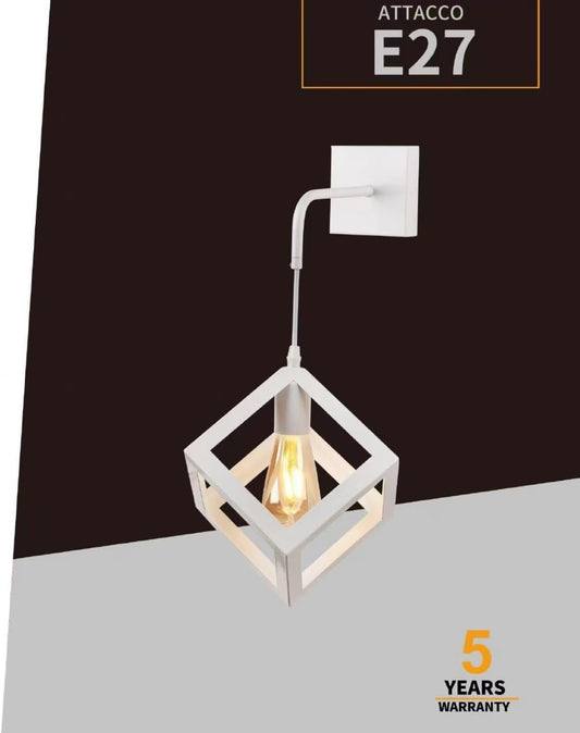 Applique da Muro in Ferro Battuto, Attacco E27, Stile Geometrico Cubo, Colore Nero/Bianco, 1XE27, Lampada da Parete Vintage Industriale per Interni AQ52