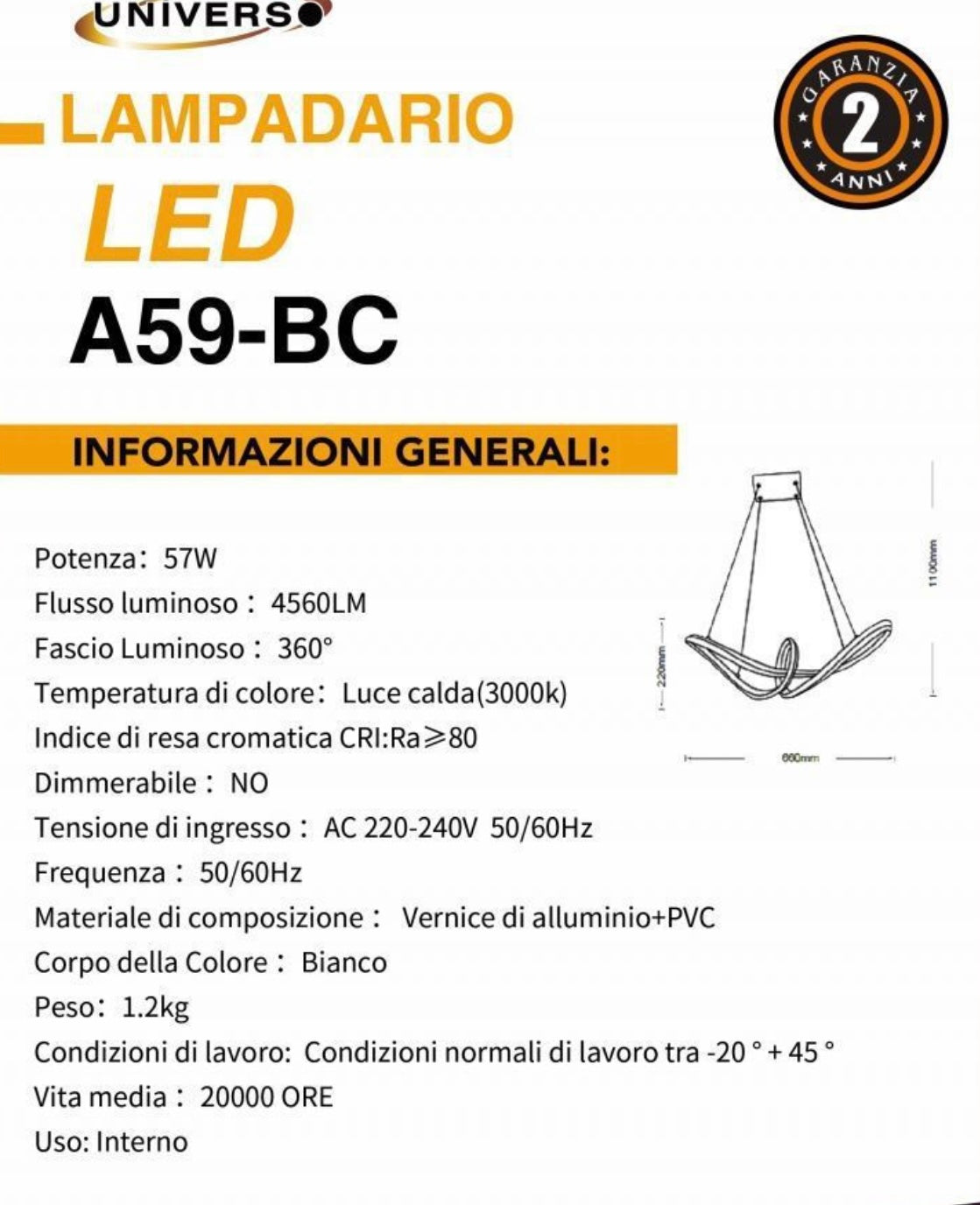Lampadario LED Fiocco 38w A59