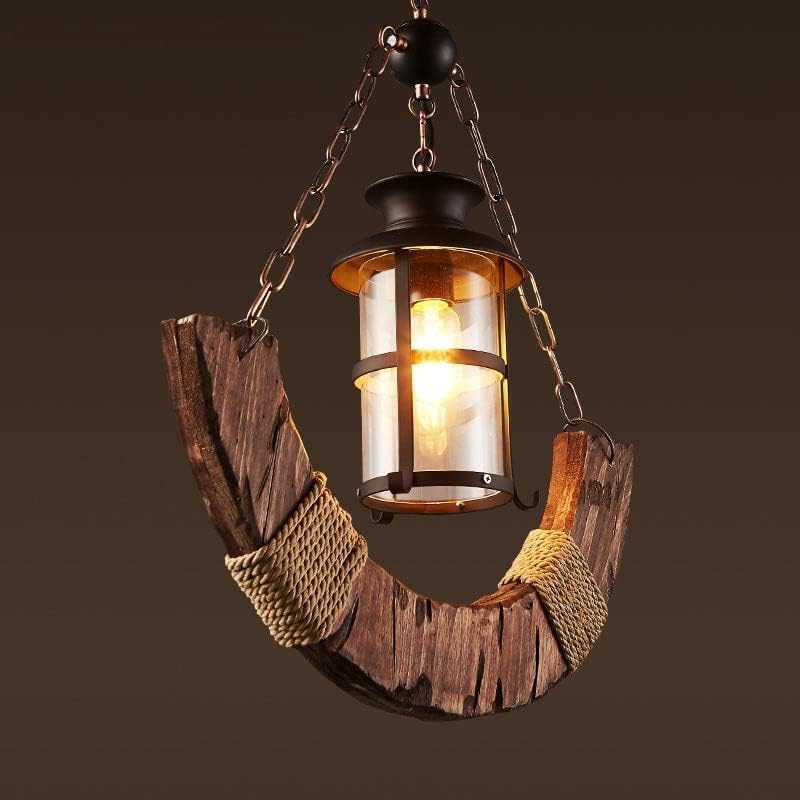 Lampadario a sospensione in legno e corda di canapa con lanterna stile country rustico B51