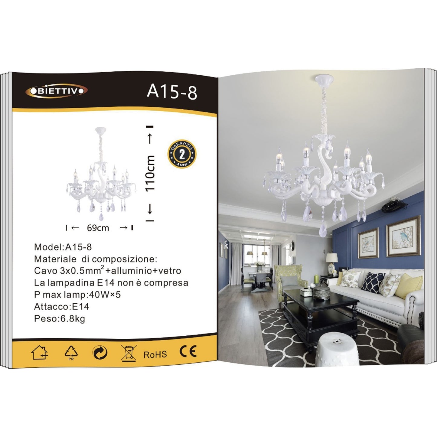 Lampadario in Cristallo Classico 8 Luci E14, Stile Elegante per Soggiorno e Sala da Pranzo, Metallo e Vetro, Ø69 cm, Bianco – A15-8