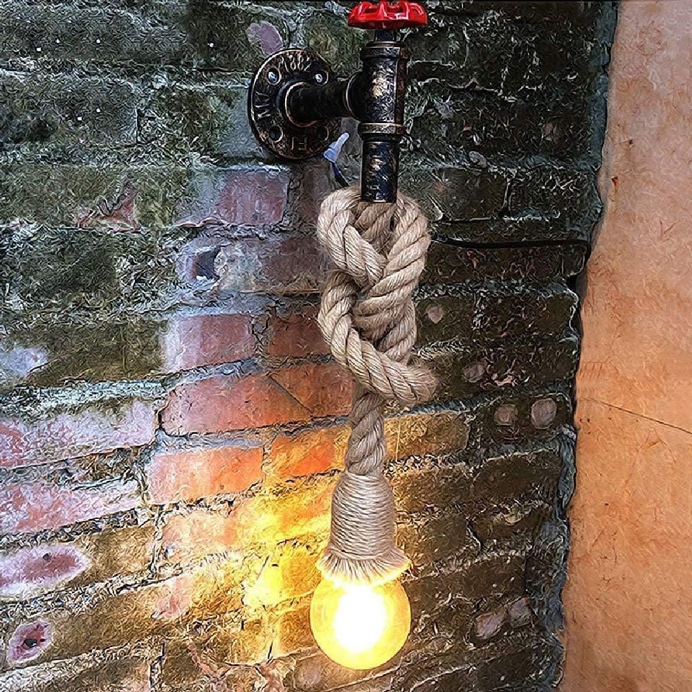 Applique da parete lampada a muro in corda di canapa e ferro con portalampada E27 a forma di rubinetto E29