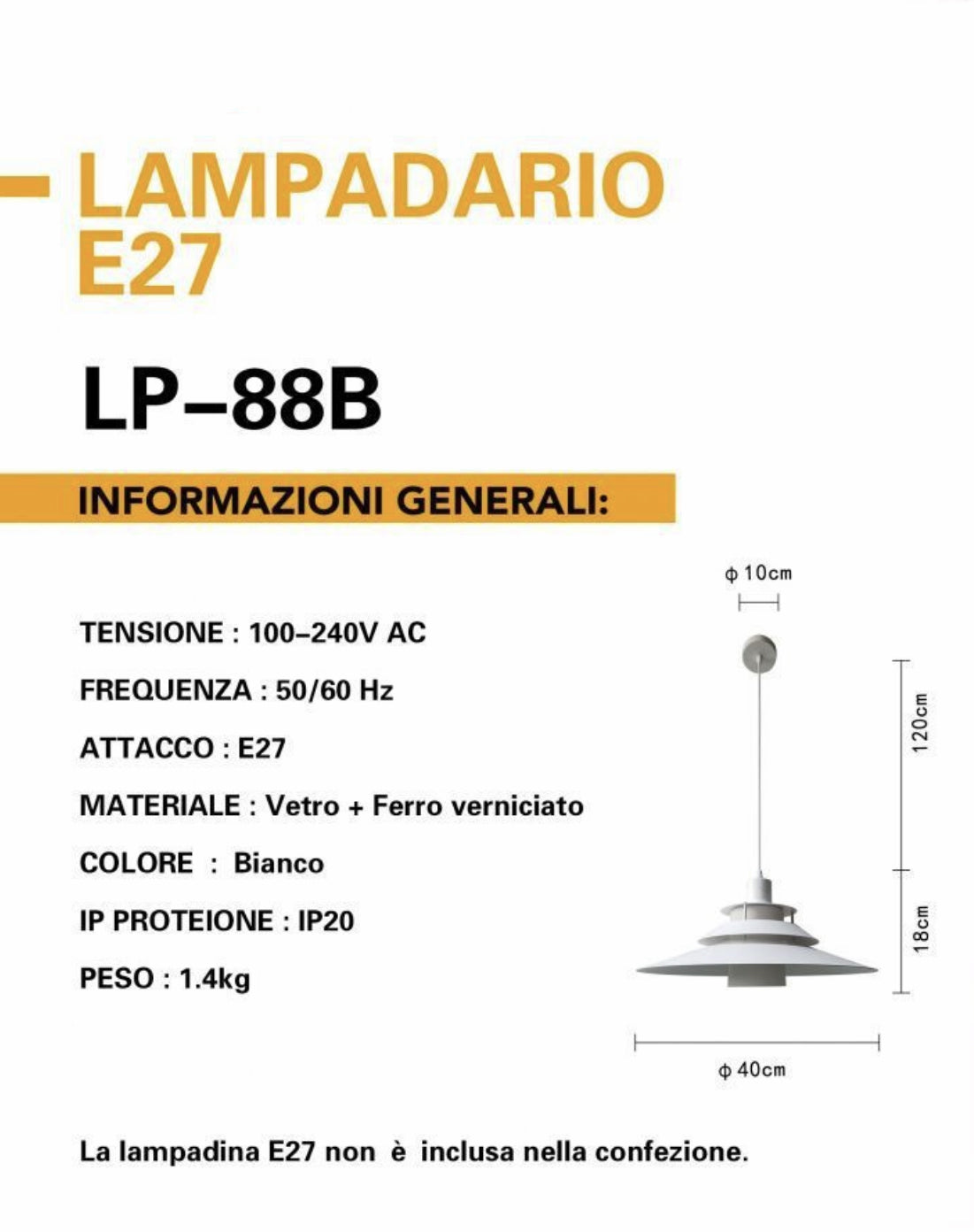Lampadario a Sospensione E27, Design Moderno in Vetro e Ferro, Attacco E27, Altezza Regolabile 120cm, per Sala da Pranzo, Cucina, Soggiorno, LP-88