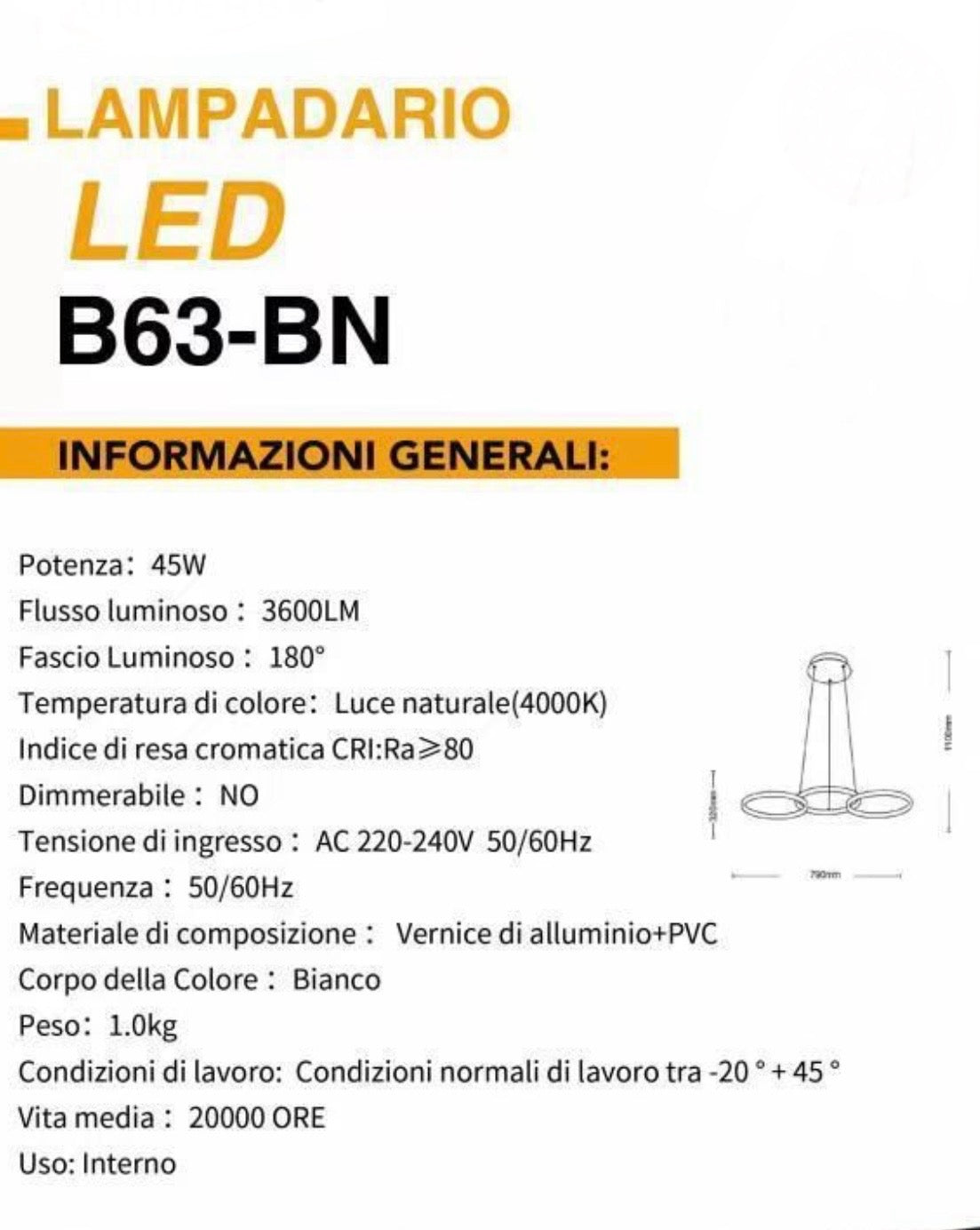 Lampadario a Sospensione LED 3 Cerchi 45watt B63