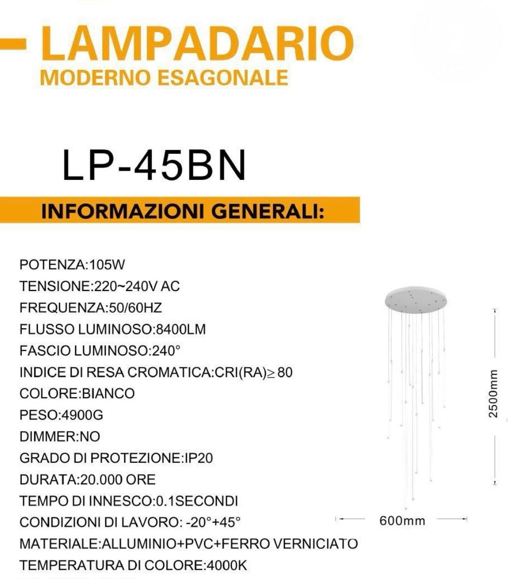 Lampadario Cascata moderno 105w bianco/nero LP-45