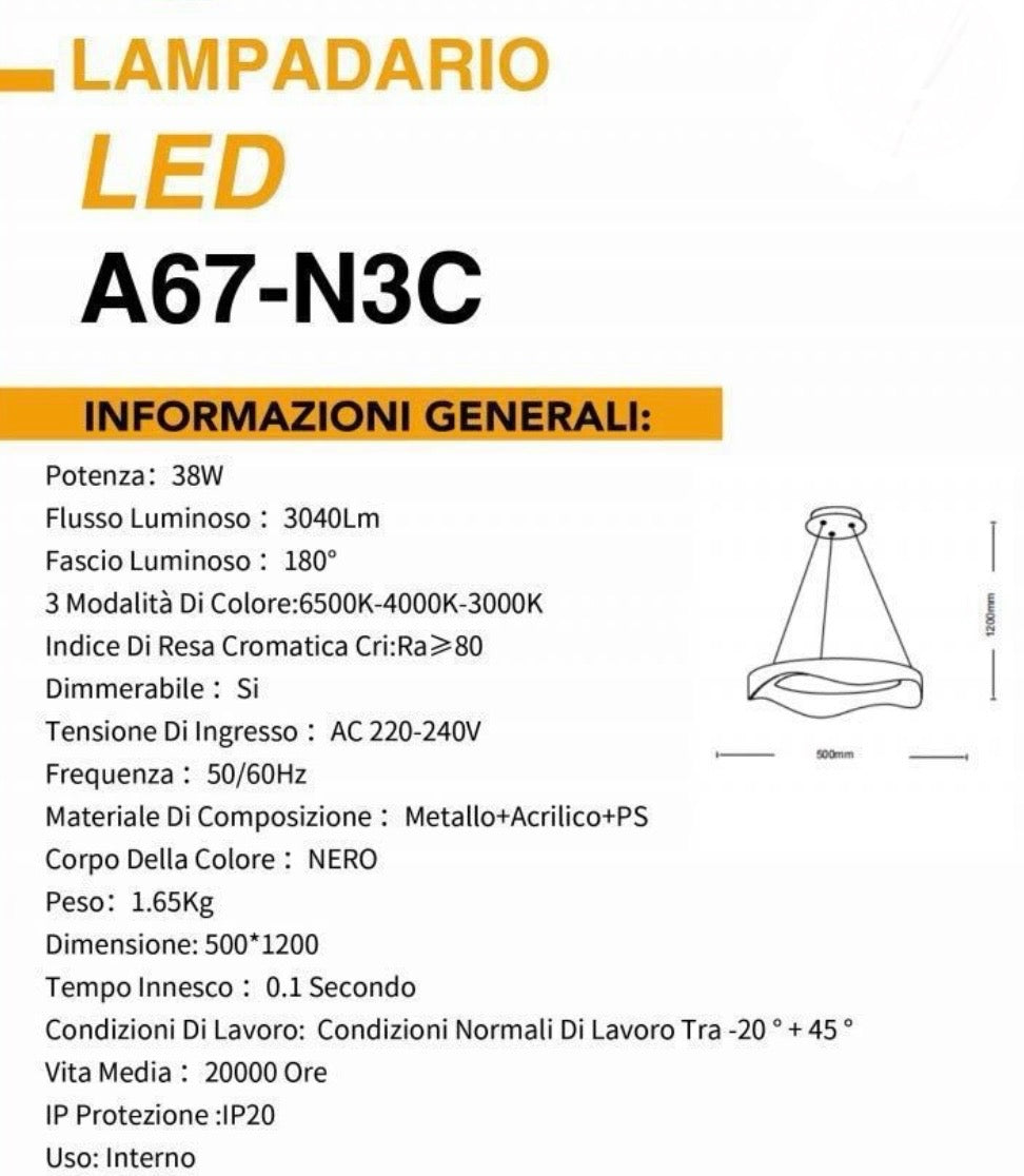 TEKHOME Lampadario plafoniera led a onda 38 w 3 colori luce bianca calda naturale A67 (BIANCO 3 COLORE)