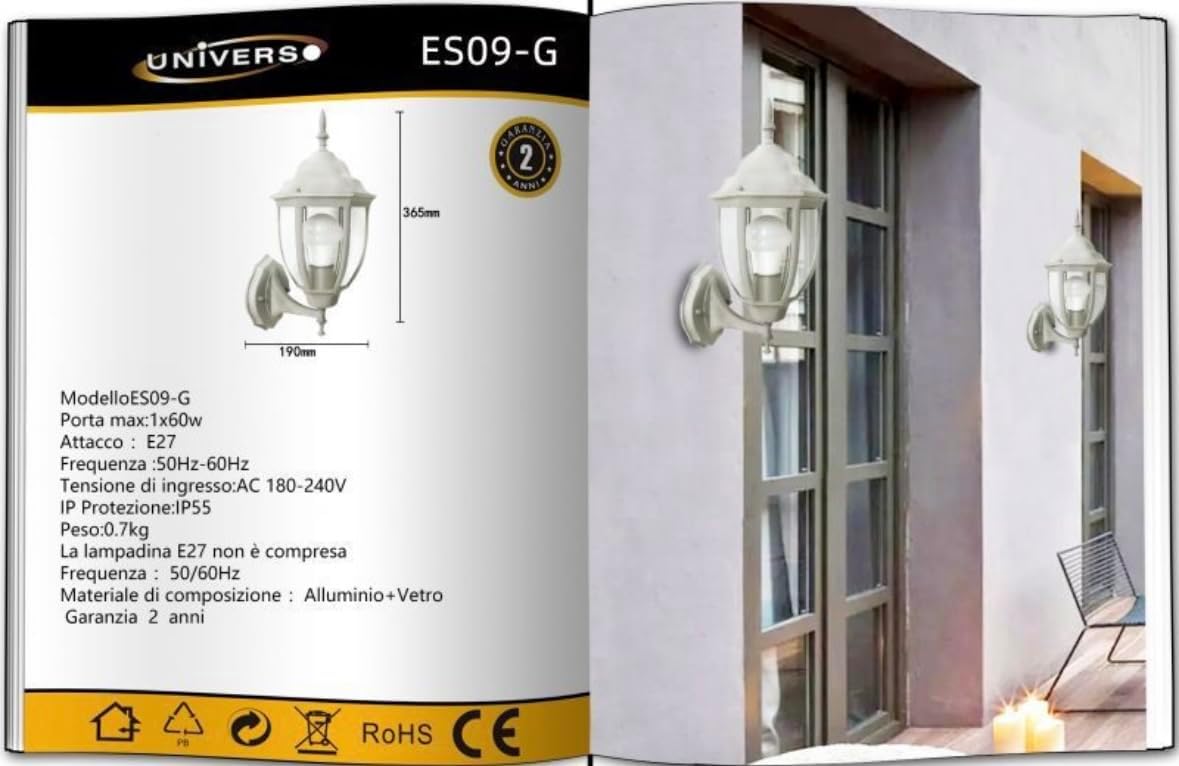 TEKHOME Lanterna da Muro per Esterno E27 IP55 – Lampada da Parete in Alluminio e Vetro, Stile Classico per Giardino, Balcone o Ingresso (Disponibile in 4 Colori) ES09