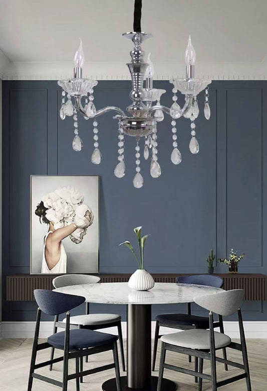 TEKHOME Lampadario Sospeso a 3 Luci Stile Candela con Cristalli, Design Classico, Attacco E14 40W, per Ingressi e Camere, Disponibile in Oro e Cromo, 51cm (Senza Lampadine) A26