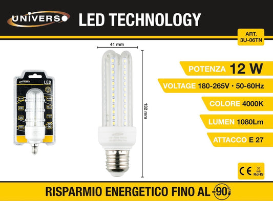 Lampadine LED E27 12W, Confezione da 6 Pezzi, 1080LM, 4000K Luce Naturale, Lampadina LED a Mais 3U, Fascio Luminoso 360°, CRI>80, Basso Consumo Energetico, Non Dimmerabile, Modello 3U-06TN