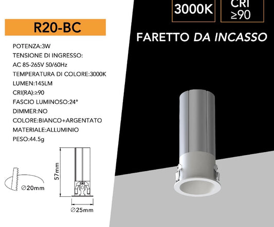 Mini Faretto LED COB da Incasso 3W, CRI≥90, Fascio 24°, Foro Ø20 mm, Alluminio Bianco/Argento, Luce d’Accento per Vetrine, Mobili, Mensole e Soffitti, 3000K / 4000K / 6000K, Modelli R20-B