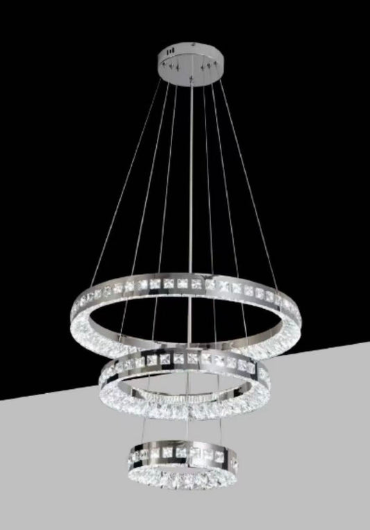 Lampadario LED Moderno 46W CCT 3680 Lumen, Sospensione a 3 Cerchi in Cristallo, Luce 3000K-6500K, Lampadario da Soffitto per Soggiorno Sala da Pranzo Camera B50-3C