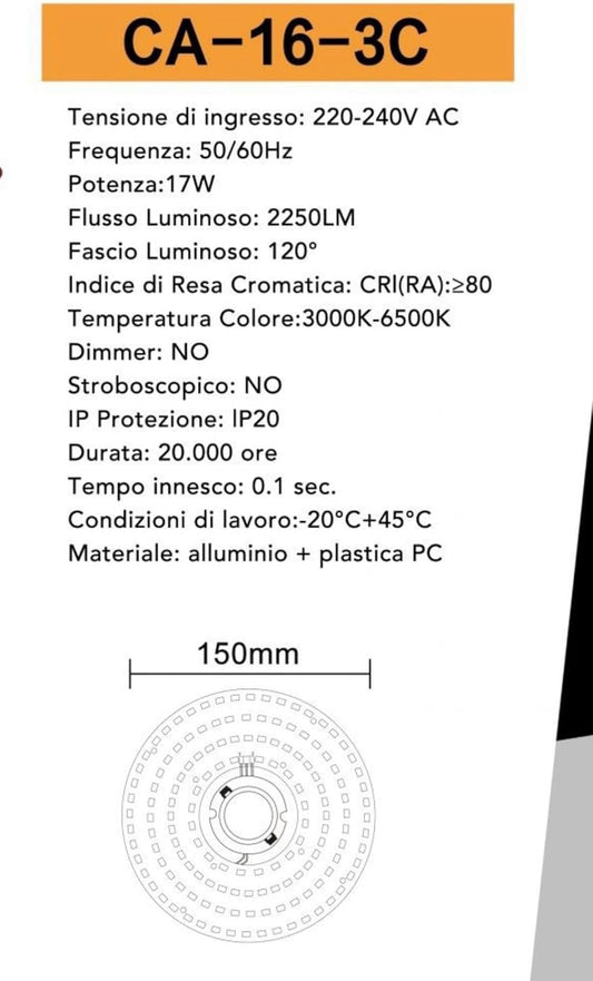 TEKHOME Modulo LED Rotondo 17W 2250LM Ø150mm, Luce Regolabile 3000K-6500K, CRI≥80, Angolo 120°, IP20, per Plafoniere e Lampade da Soffitto CA-16-3C