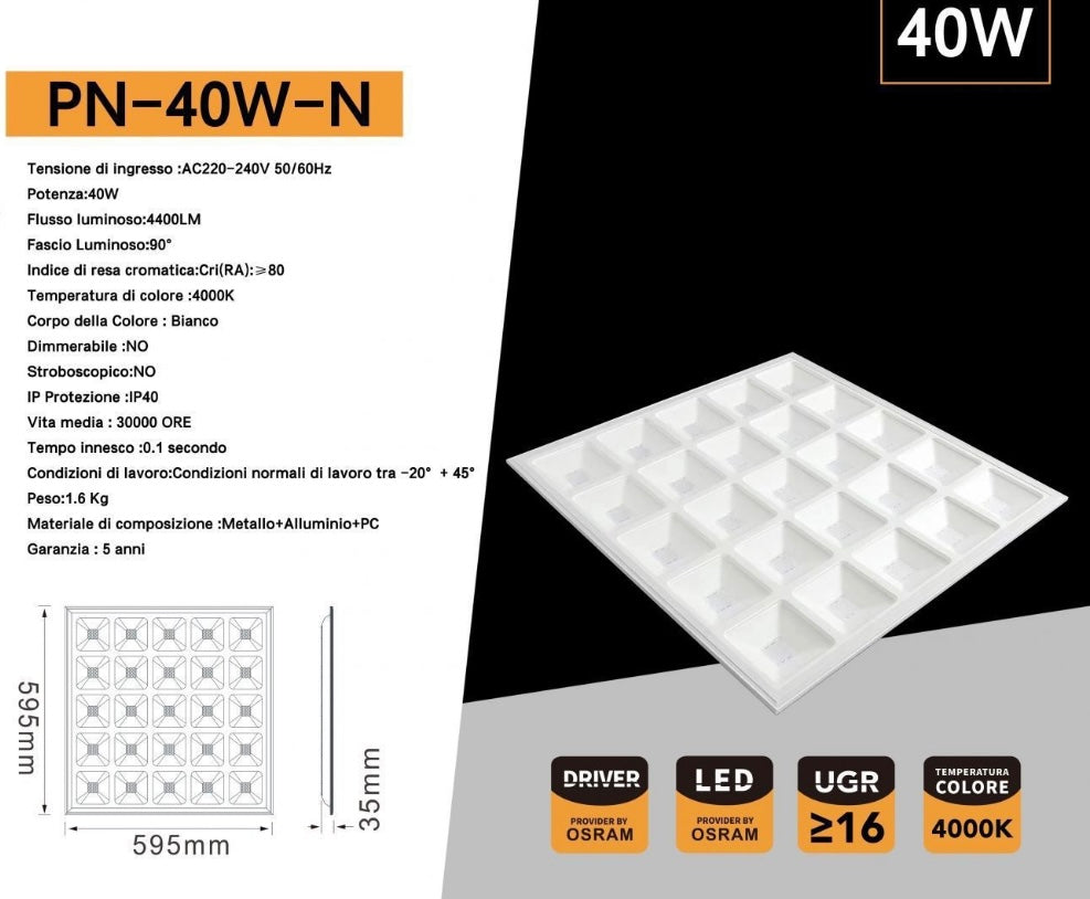 Pannello LED 60x60 40W 4400LM 4000K Luce Naturale, Pannello LED da Incasso 595x595mm, Fascio 90°, CRI≥80, IP40, Flicker Free, 35mm, 1 Pezzo, PN-40W-N