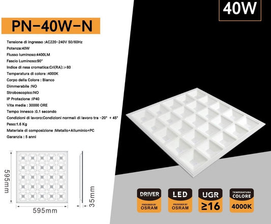 Pannello LED 60x60 40W 4400LM 4000K Luce Naturale, Pannello LED da Incasso 595x595mm, Fascio 90°, CRI≥80, IP40, Flicker Free, 35mm, 1 Pezzo, PN-40W-N
