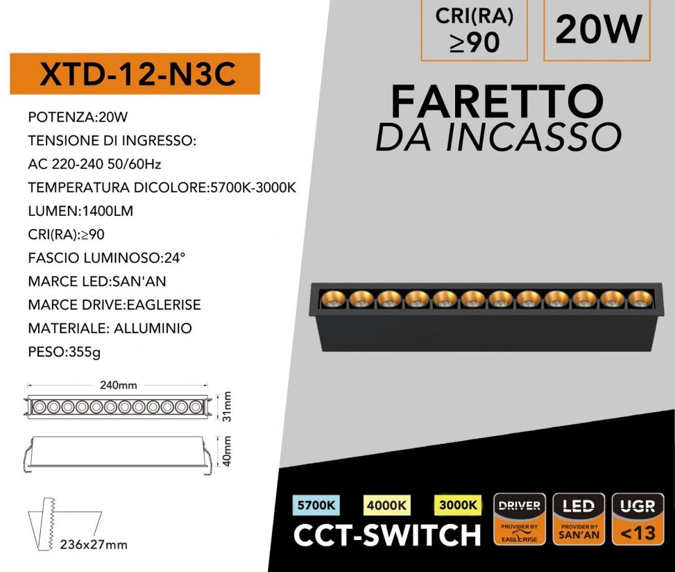 Faretto LED Lineare da Incasso 20W, CCT Switch 3000K/4000K/5700K, CRI≥90, UGR<13, Luce Antiriflesso, 12 LED, Faretto Rettangolare da Soffitto per Negozi, Uffici e Casa, Bianco/Nero, XTD-12
