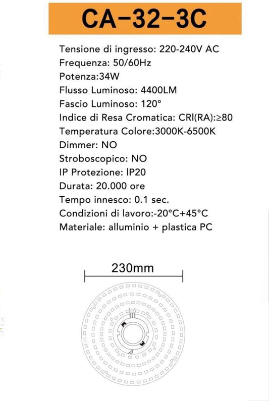 TEKHOME Modulo LED Rotondo 34W 4400LM Ø230mm, Bianco Regolabile 3000K-6500K, CRI≥80, Angolo 120°, IP20, per Plafoniere Soffitto, No Flicker CA-32-3C