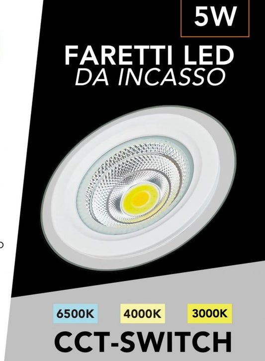 Faretto LED da Incasso Rotondo COB 5W 470LM, 3 Temperature Colore Selezionabili 3000K 4000K 6500K, Ø100mm, Foro Ø75mm, Fascio 120°, CRI≥80, IP20, 1 Pezzo, COB-75-3C