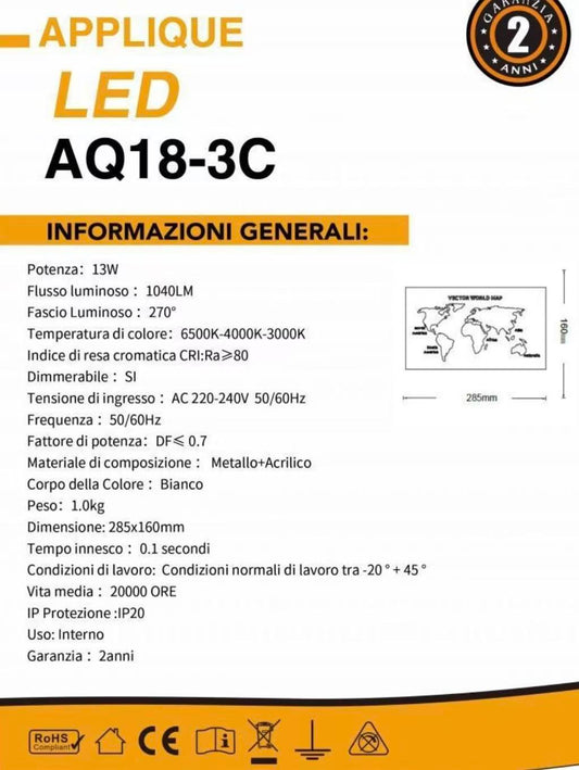 TEKHOME Applique LED da Parete 13W Rettangolare Moderna 3 Colori 3000K-6500K Bianca, Lampada da Muro Decorativa per Camera da Letto, Soggiorno, Corridoio AQ18-3C