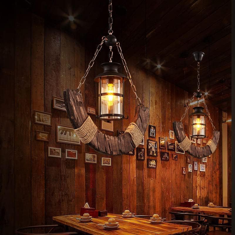 Lampadario a sospensione in legno e corda di canapa con lanterna stile country rustico B51