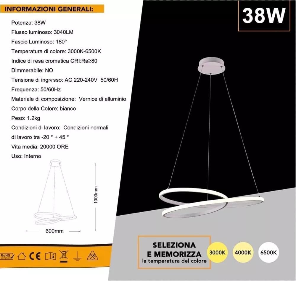Lampadario led a sospensione anelli incrociati 38 w luce 3000K-6500K B62-B3C