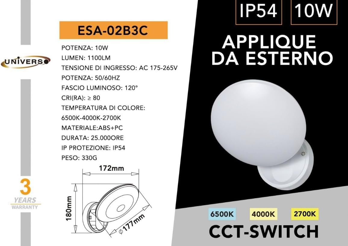 Applique LED da Esterno 10W IP54 CCT 2700K-4000K-6500K, Lampada da Parete Rotonda Impermeabile 1100LM in ABS+PC, per Bagno, Balcone e Corridoio â Bianco ESA-02B3C