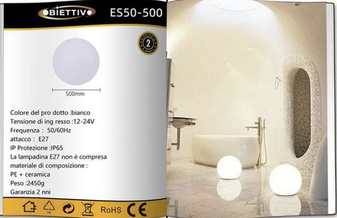 Lampada da Giardino a Sfera IP65 per Esterni, Attacco E27, 12–24V, Luce Decorativa per Giardino, Terrazza e Vialetti – Serie ES50