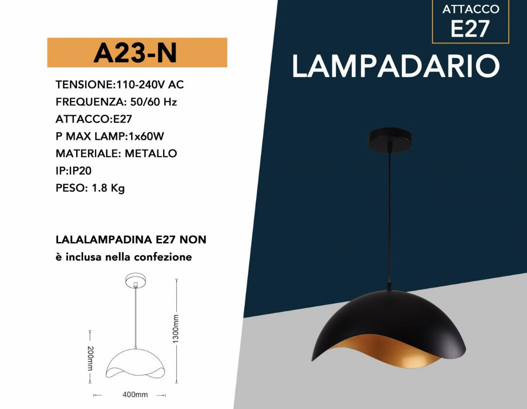 Lampadario Sospeso E27 Moderno a Forma di Conchiglia, Regolabile, Design Minimalista per Cucina, Soggiorno e Camera da Letto (Nero e dorato) A23-N