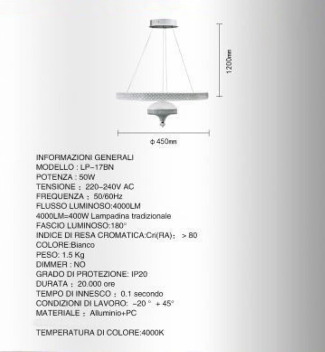 Lampadario LED Moderno 50W, Ø45cm, Bianco, 4000LM, 3000k/4000k/6500K,Soffitto Sospeso in Alluminio per Soggiorno, Cucina, Sala da Pranzo LP-17