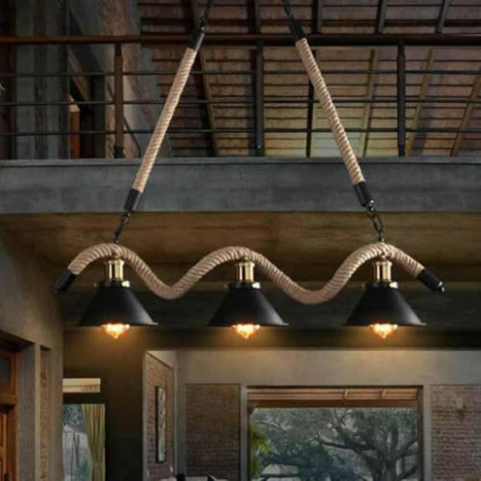 Lampadario da soffitto con corda in canapa vintage retrò lampada con 3 paralumi a campana E27 da soffitto arredamento rustico B24-3