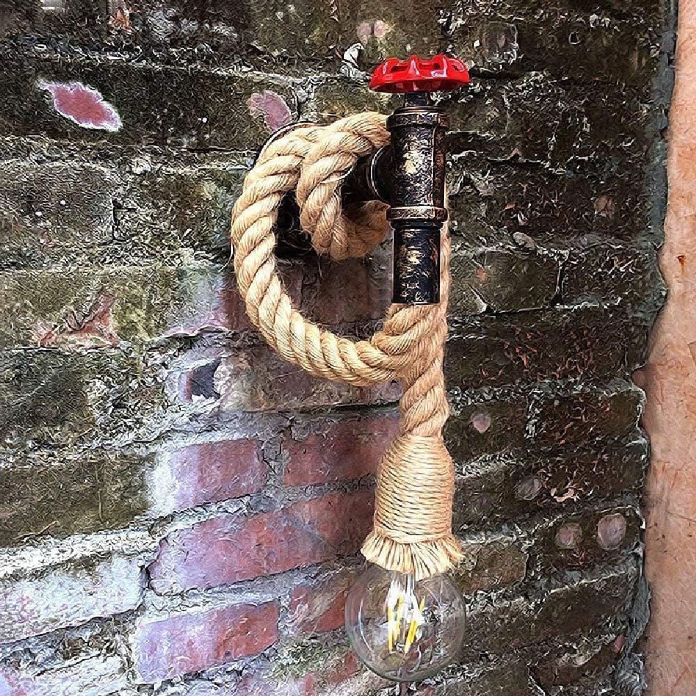 Applique da parete lampada a muro in corda di canapa e ferro con portalampada E27 a forma di rubinetto E29